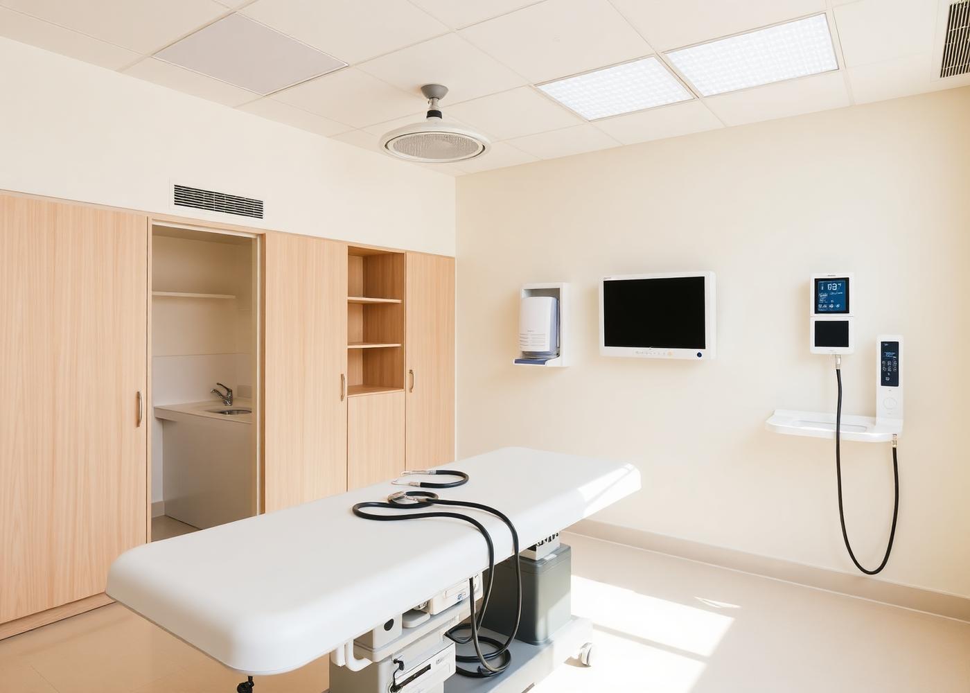 Examination room with an examination bed and vitals monitor