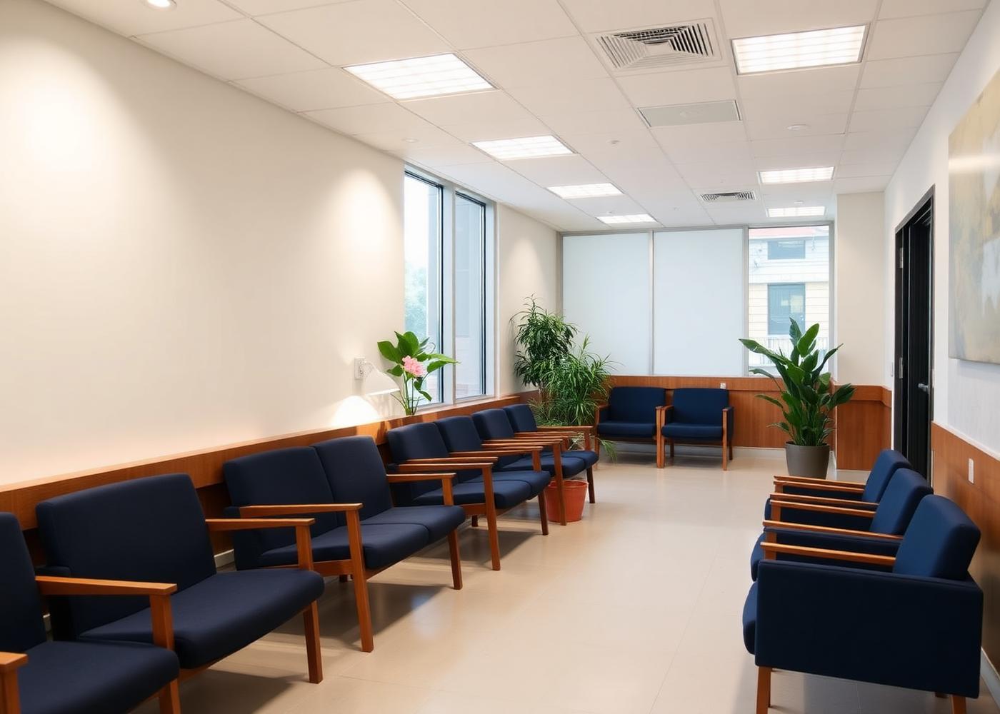 Waiting area with navy chairs, plants and daylight
