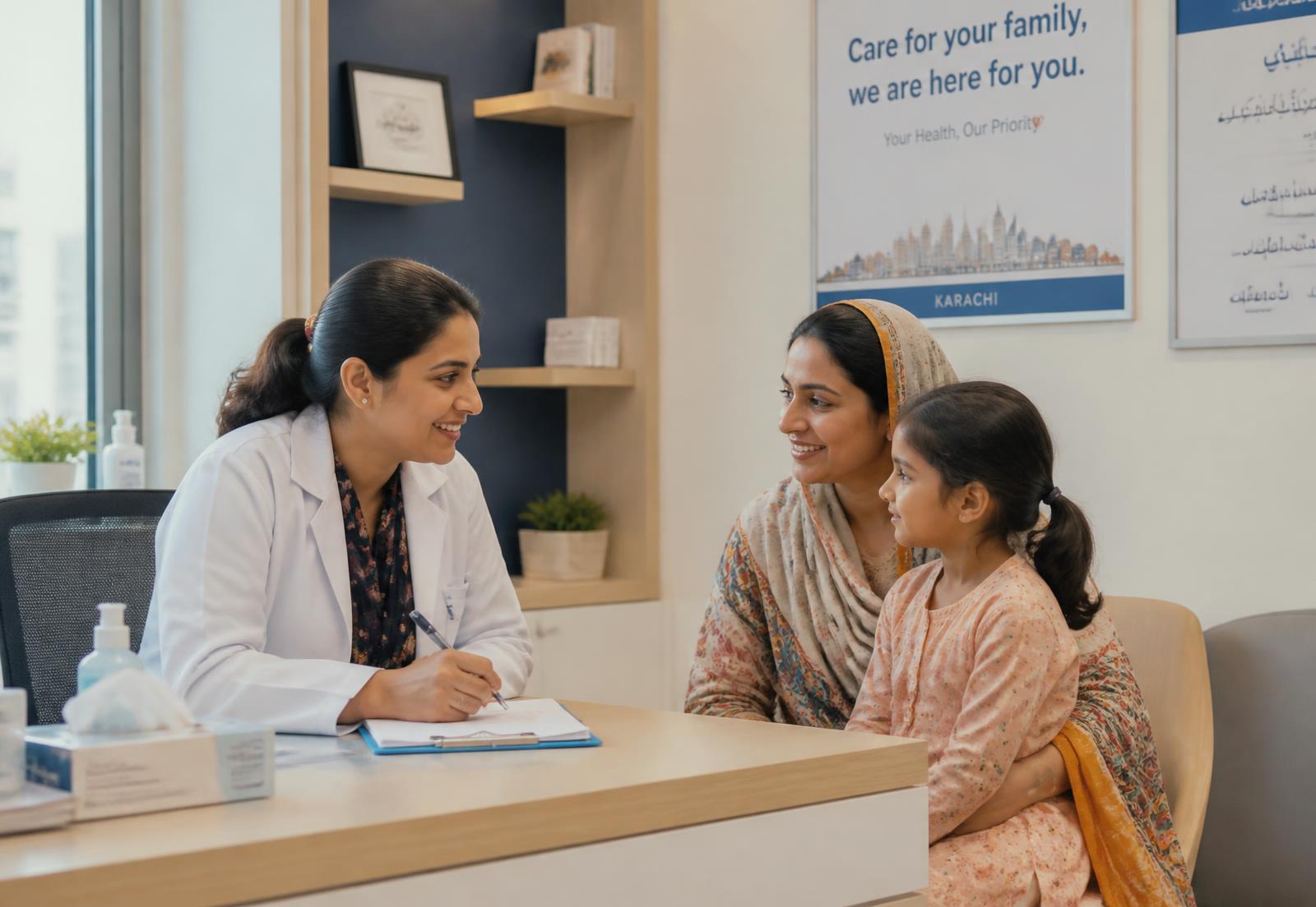 A family physician talking with a mother and her young daughter in a bright consultation room